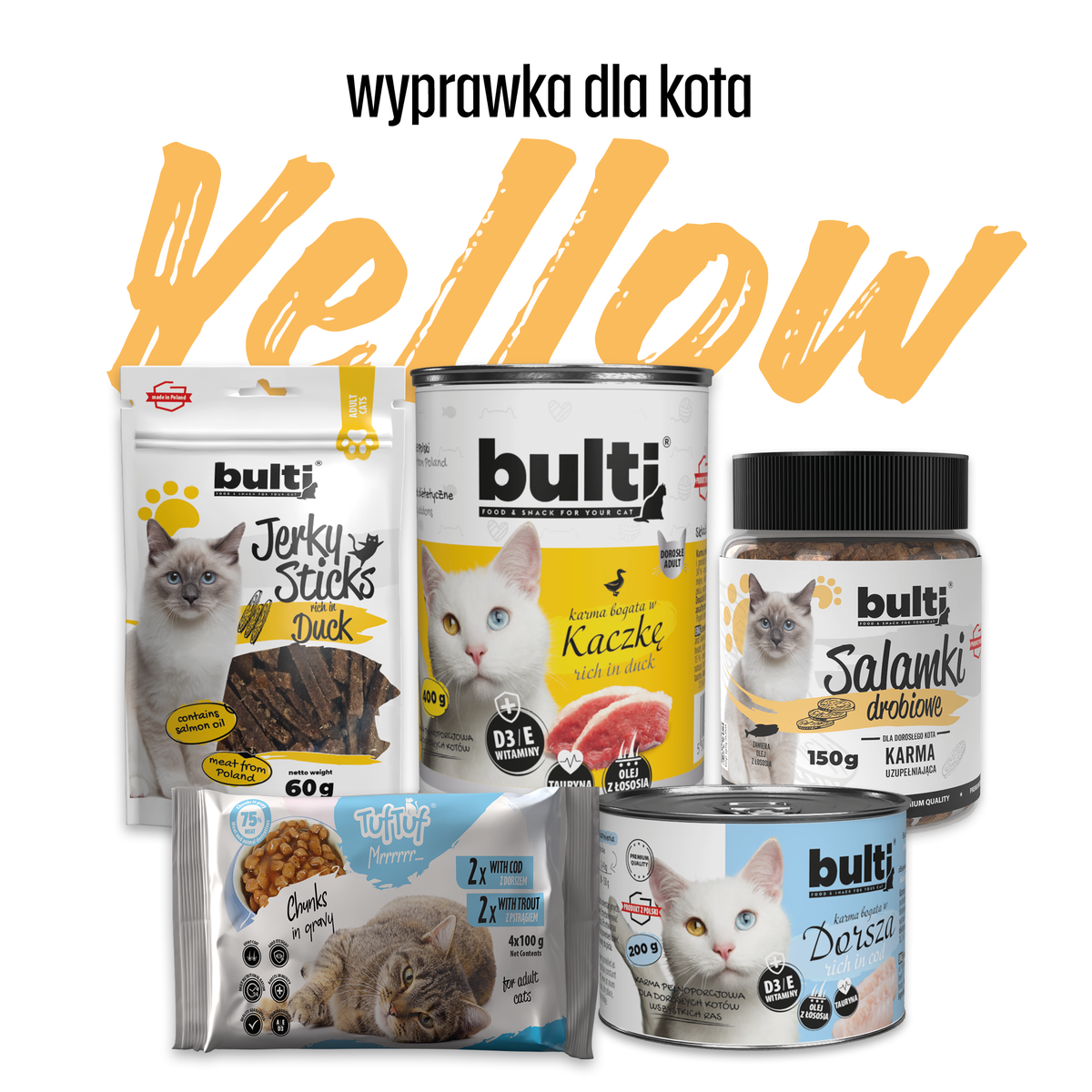 Pupilowa wyprawka dla Kota YELLOW - karma mokra, przysmak.