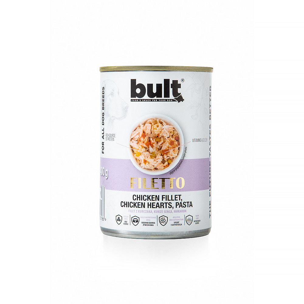 BULT Filety Mięsne mokra karma dla psa kurczak z sercami i makaronem, puszka 400 g