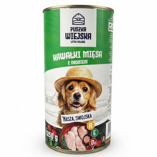 MOKRA KARMA DLA PSA PUSZKA WIEJSKA KAWAŁKI MIĘSA W SOSIE Z DROBIEM 1250G