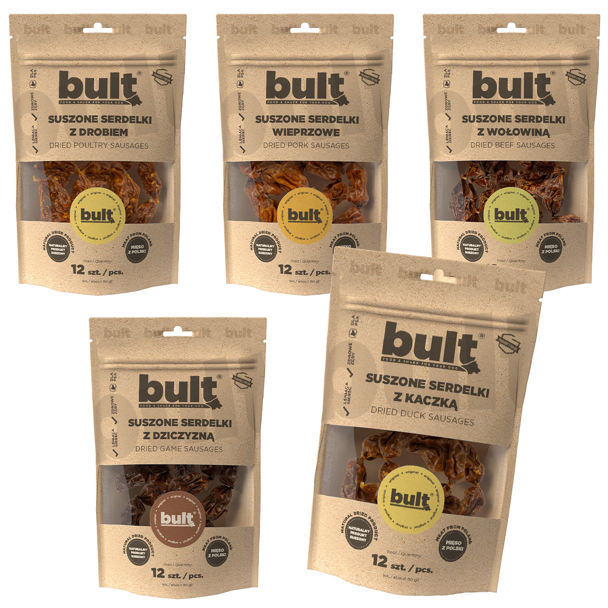 Naturalne suszone serdelki przysmaki dla psa Bult Mix smaków Zestaw 5x80g