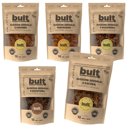 Naturalne suszone serdelki przysmaki dla psa Bult Mix smaków Zestaw 5x80g