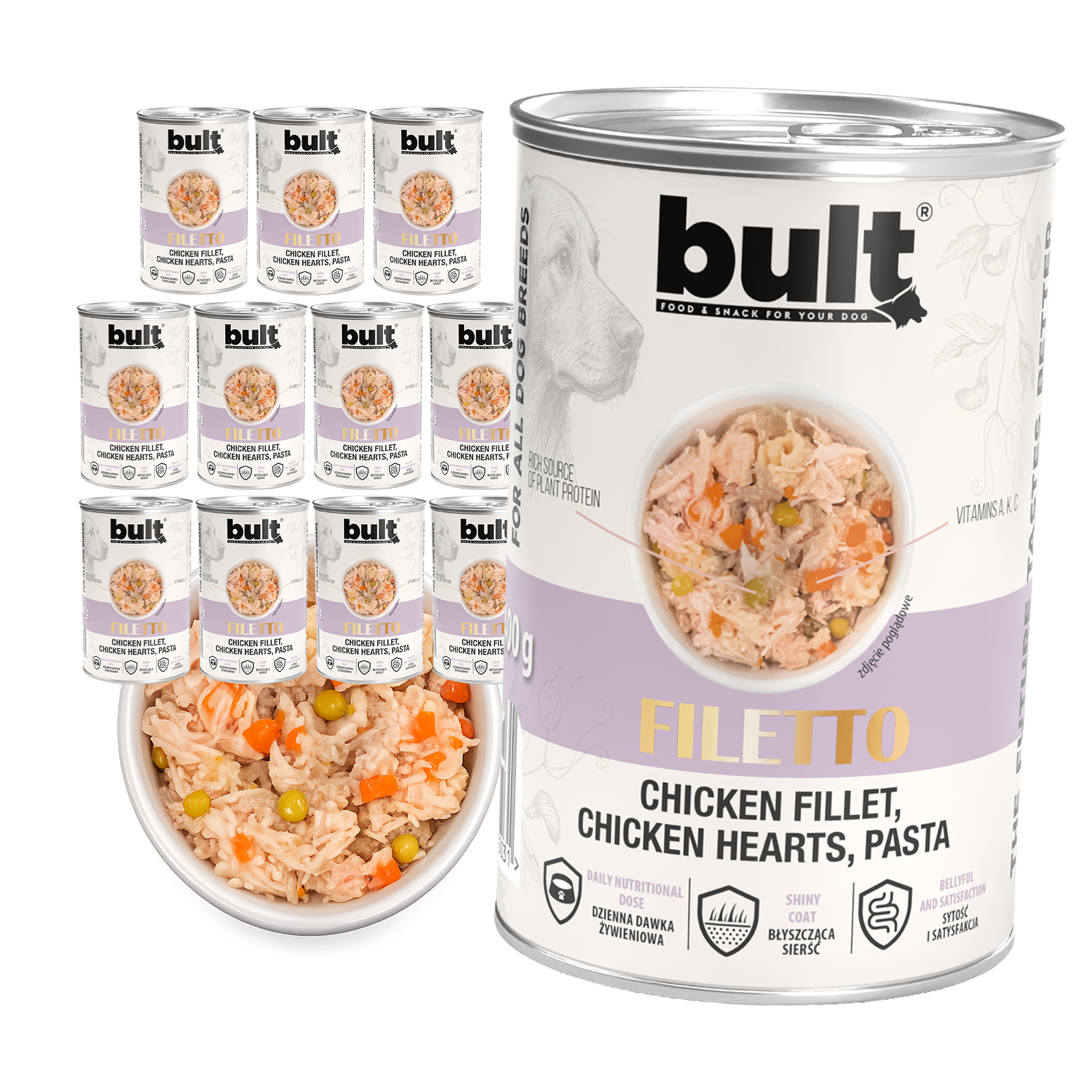Zestaw 12x400g Puszka filet z kurczaka z kurzymi sercami i makaronem BULT - bult.dog