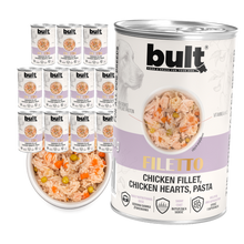 Zestaw 12x400g Puszka filet z kurczaka z kurzymi sercami i makaronem BULT - bult.dog