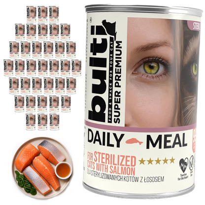 BULTI Daily Meal Sterilized mokra karma dla kota łosoś z kurczakiem, puszka 36 x 400g