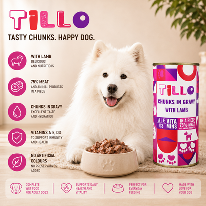 TILLO mokra karma dla psa Jagnięcina puszka 1250g Kawałki w sosie
