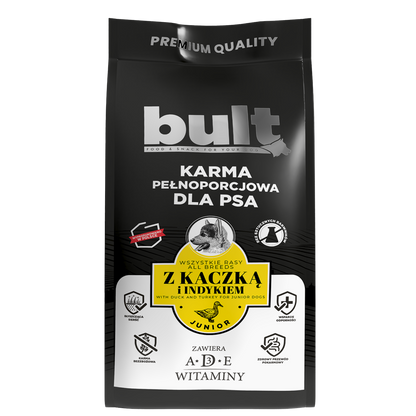 BULT sucha karma dla szczeniąt kaczka i indyk, 3kg + Salamki wołowina, 150g