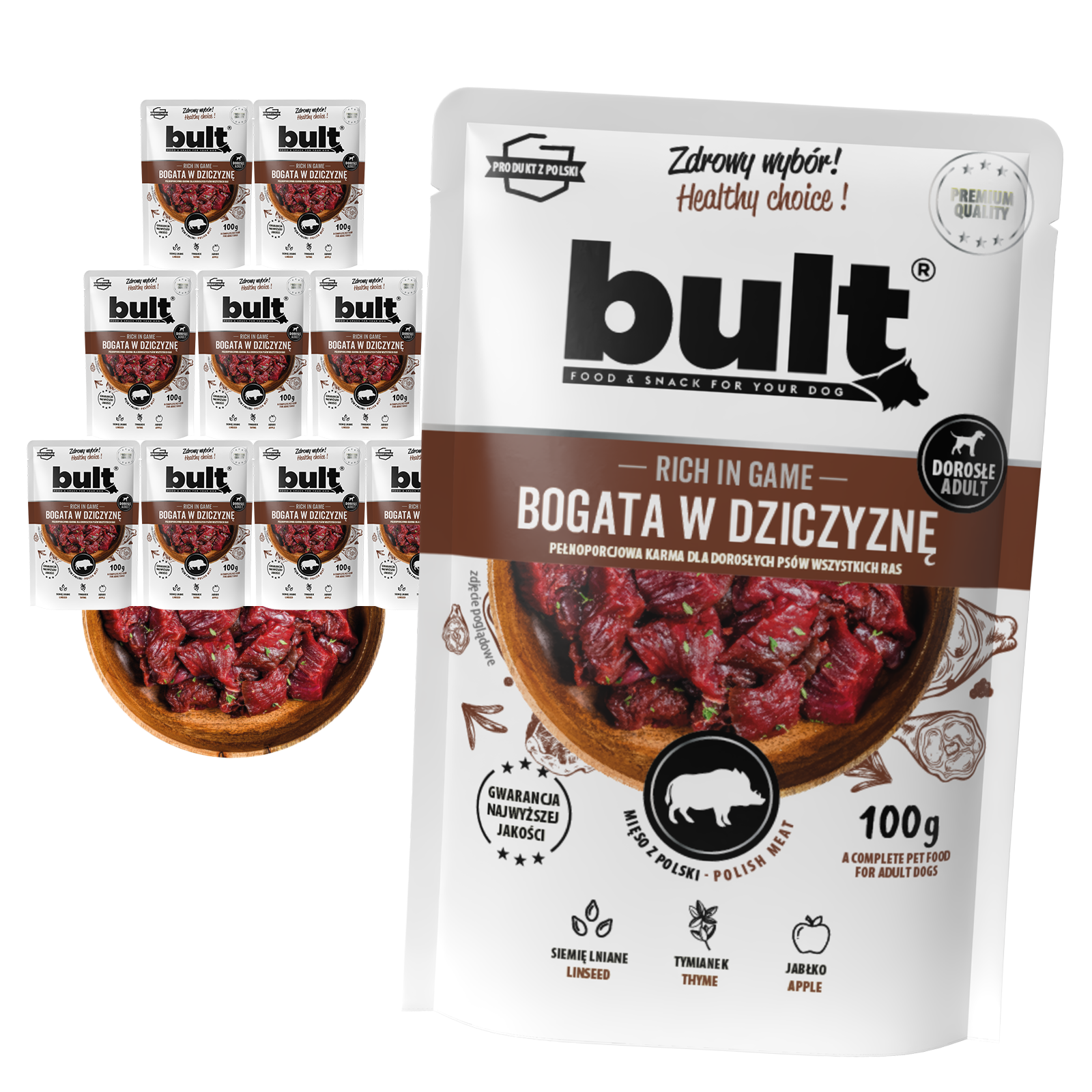 Zestaw 10x100g Saszetka mielonka BULT bogata w dziczyznę - bult.dog